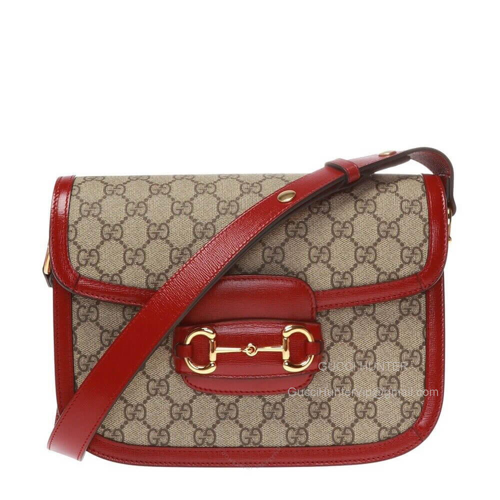 Gucci Shoulder Bag Gucci VIP Horsebit 1955 Medium Crossbody Bag in Beige and Ebony GG Supreme and Red Leather 602204