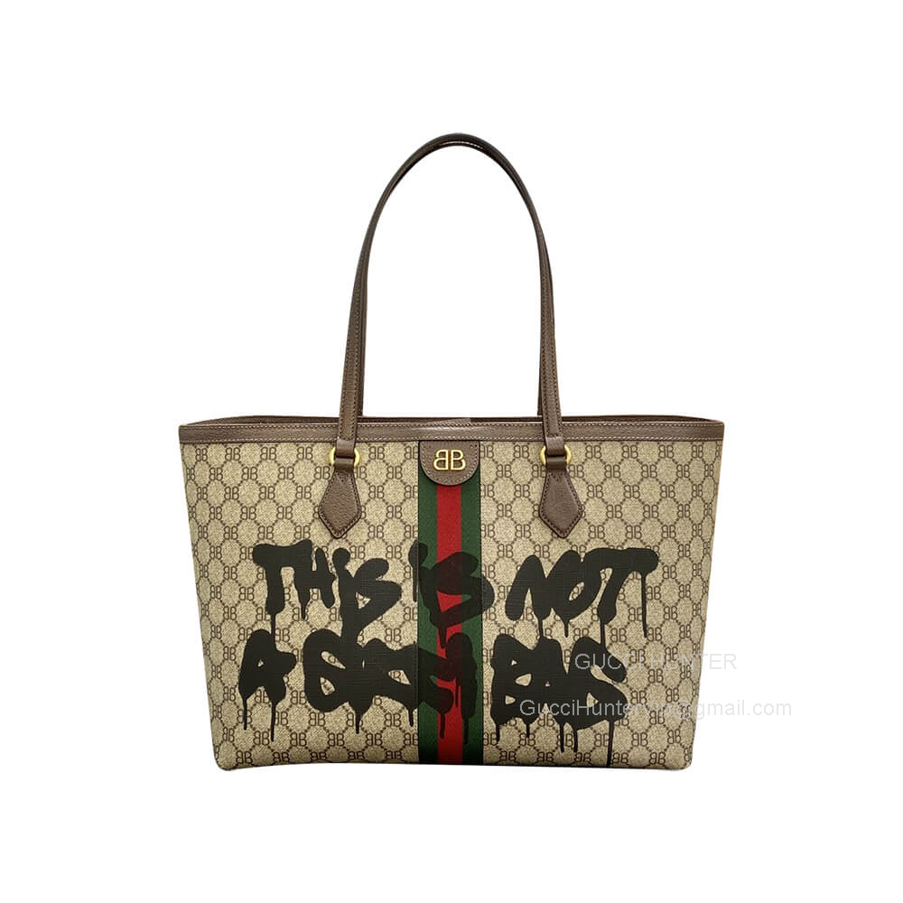 Gucci Tote Bag Gucci x Balenciaga The Hacker Project Graffiti Medium Shopping Bag in Beige GG Canvas 680125