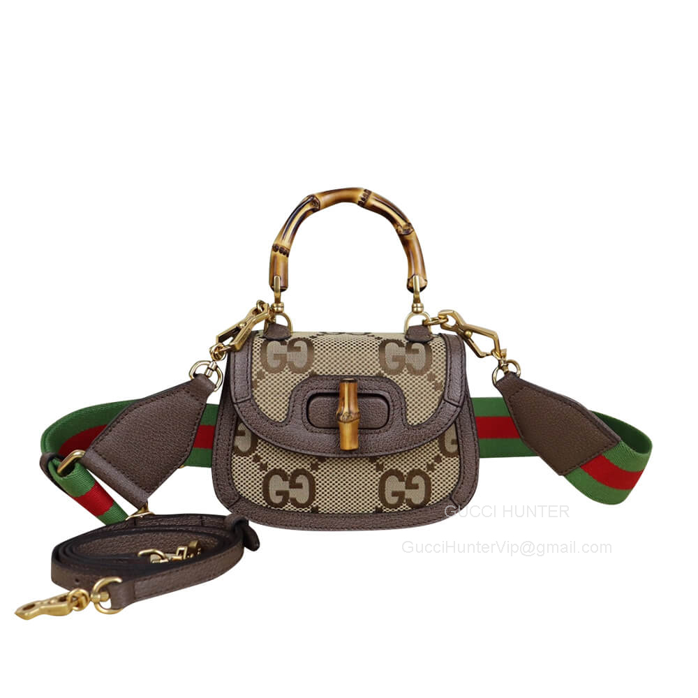 Gucci Tote Bag Gucci Mini Jumbo GG Canvas Bag with Bamboo in Camel and Ebony 686864