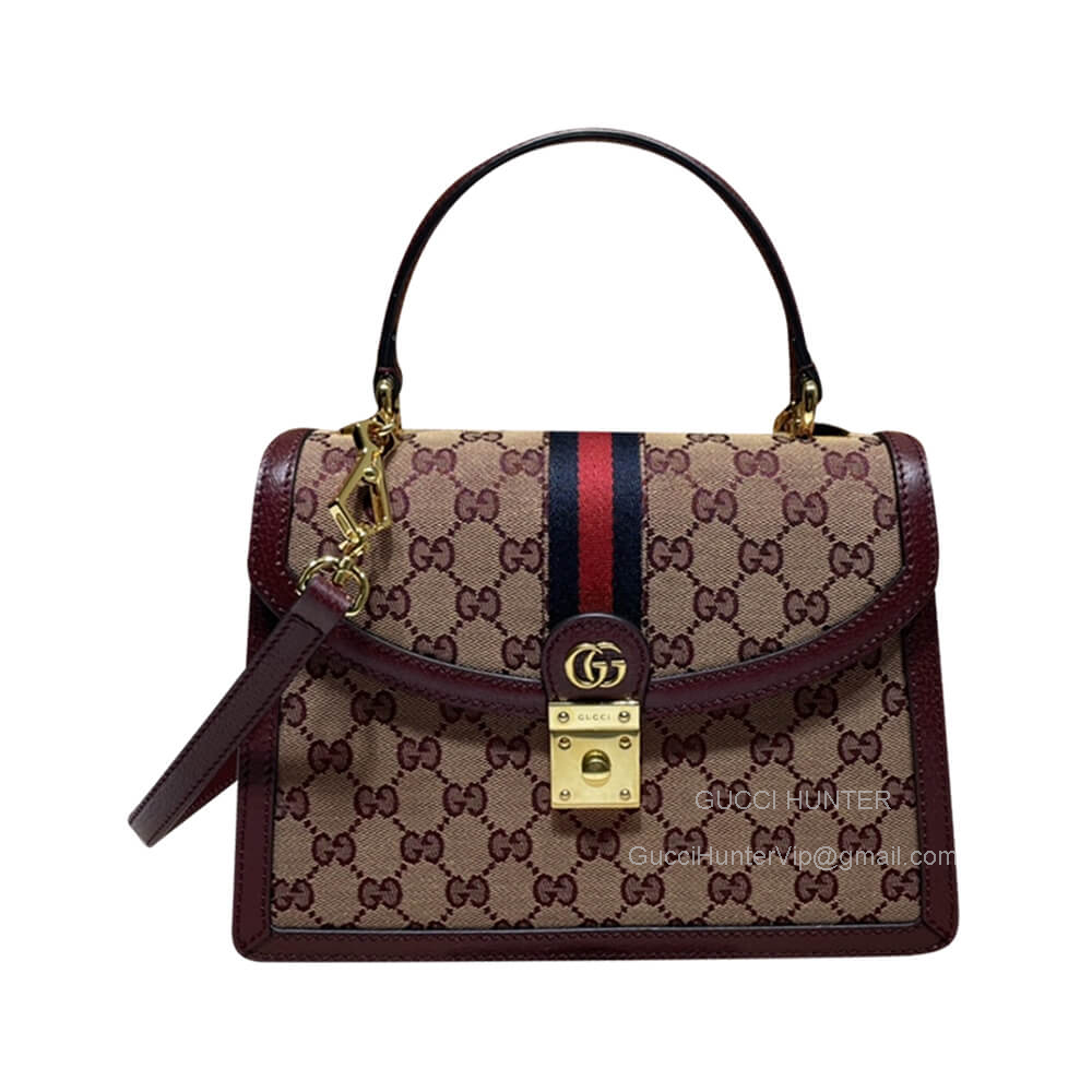 Gucci Top Handle Bag Gucci Ophidia Small Top Handle Bag with Web in Beige and Burgundy GG Original Canvas 651055