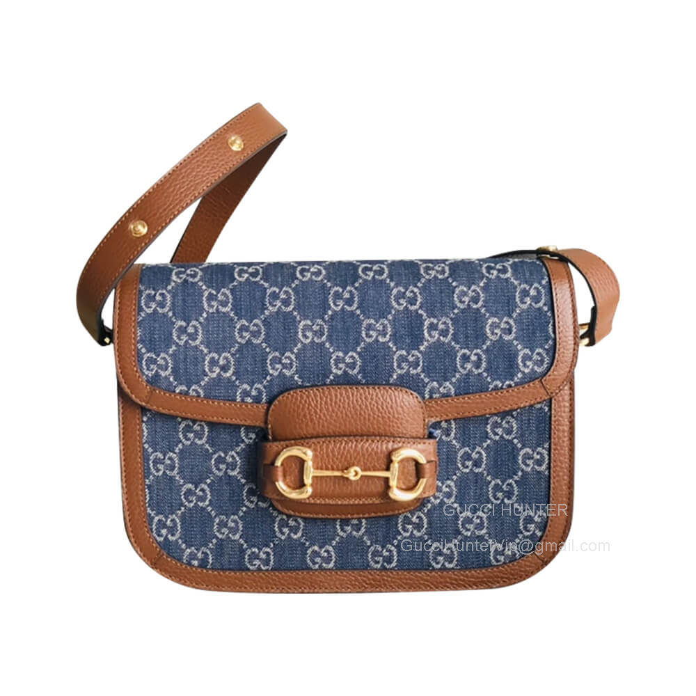 Gucci Shoulder Gucci Horsebit 1955 Shoulder Bag in Denim Blue GG and Tan Leather 602204