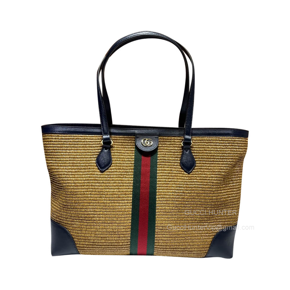 Gucci Tote Gucci Ophidia Medium Tote Bag with Houses Web Stripe in Camel Straw Effect Fabric 631685