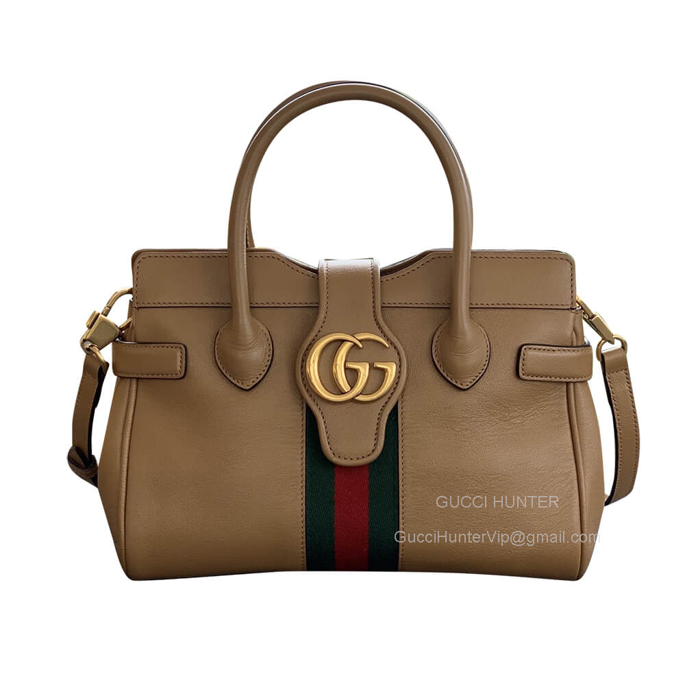 Gucci Top Handle Gucci Small Top Handle Bag with Double G and Web in Beige Leather 658450