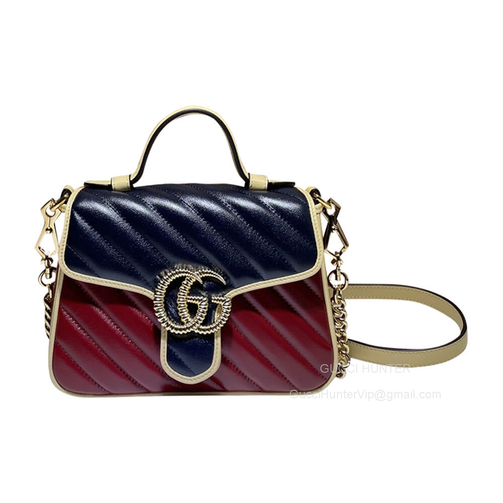 Gucci Top Handle GG Marmont Mini Shoulder Bag in Blue and Red Diagonal Matelasse Leather 583571