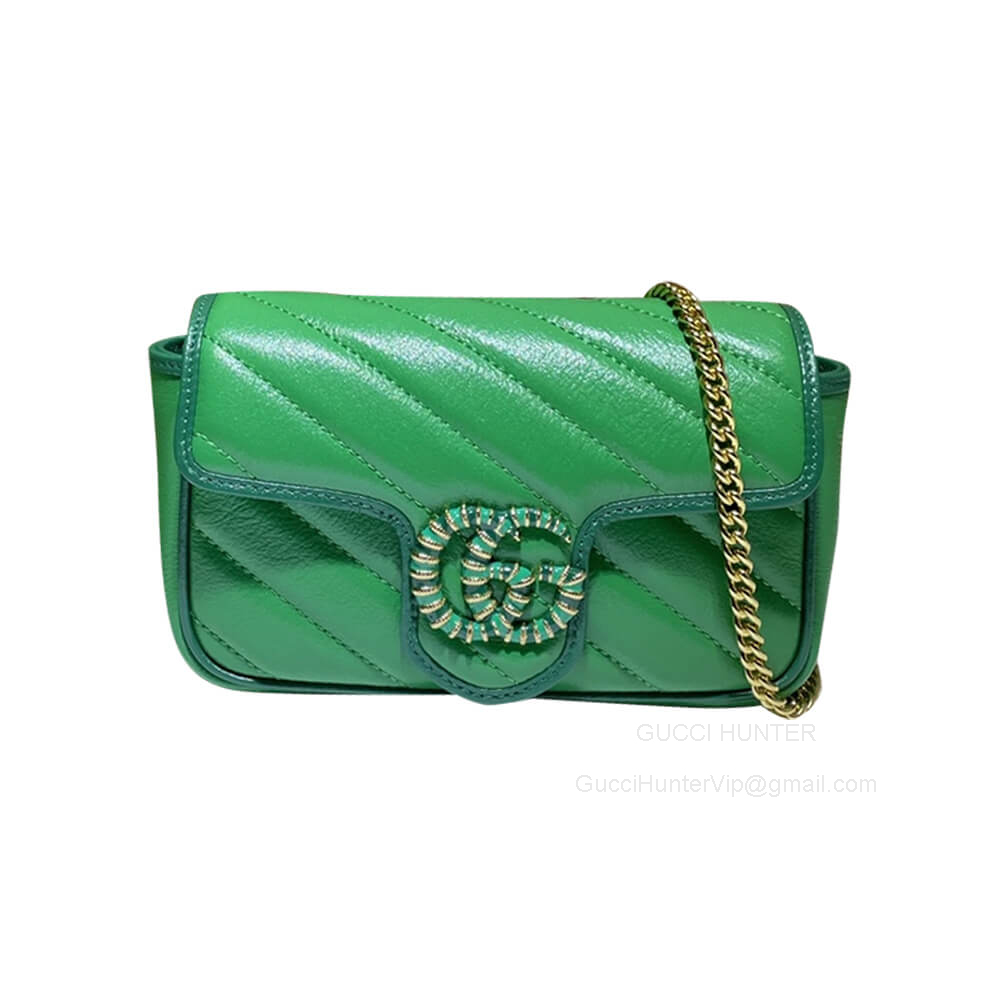 Gucci GG Marmont Super Mini Chain Shoulder Bag in Green Diagonal Matelasse Leather 574969