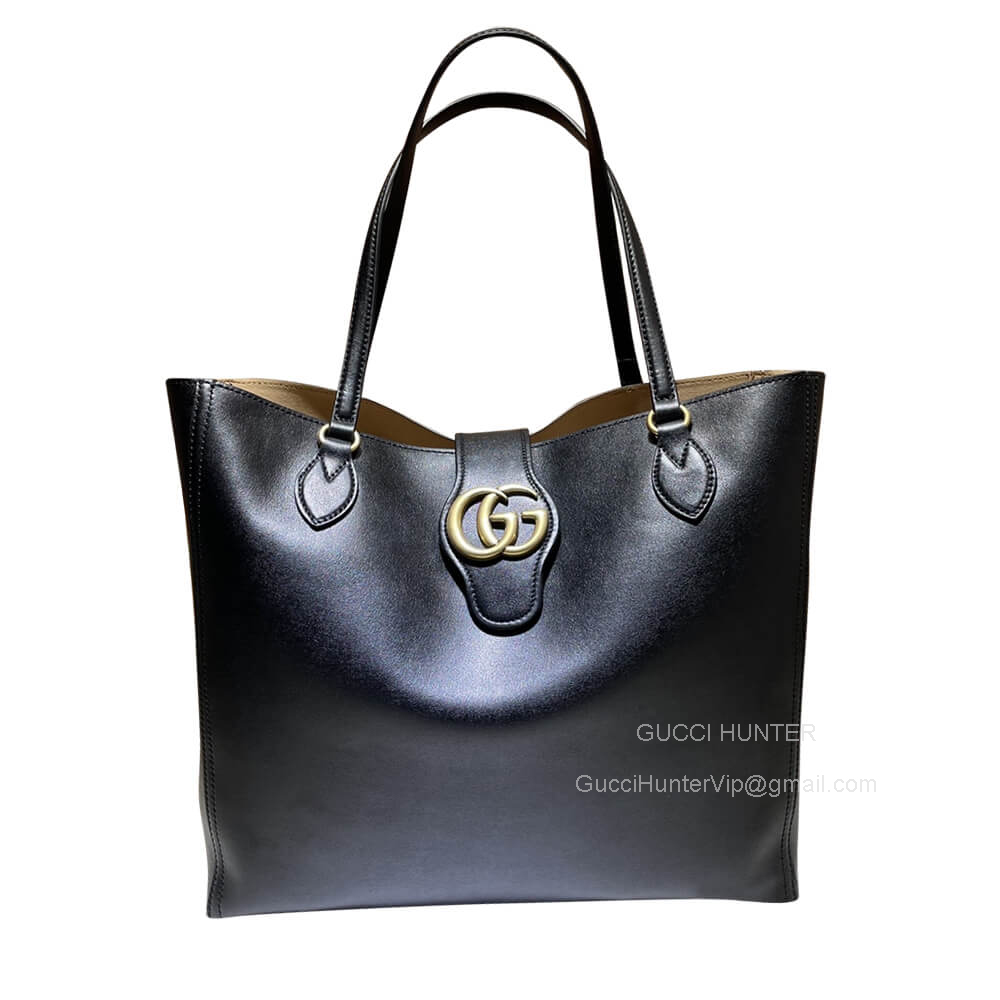 Gucci Medium Tote Bag with Double G in Black Calf Leather 649577